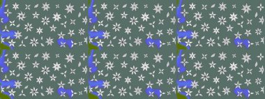 Raster illüstrasyonu. Düz Çiçek Elementleri Tasarımı. Taslak desenli, modaya uygun kumaş deseni. Renkli Bahar Teması eskiz kalıbı. Şirin çiçek elementleri..