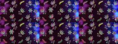 Parlak renkli çiçekleri ve kahverengi, mavi ve siyah renkte yaprakları olan harika bir çiçek deseni. Moda baskıları için zarif bir şablon. Modern çiçek arkaplanı. Halk stili.