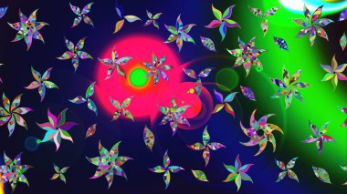 Raster - stok. Yapraklı çiçekler ve kır renkli papatya çiçekleri. Taslak arkaplan deseni.