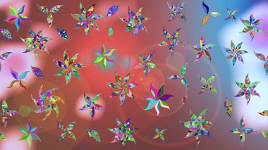 Çok renkli zarif küçük çiçekler ve pembe renkli komik böcekler, raster desen, illüstrasyon.