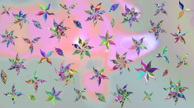 Çok renkli, zarif küçük çiçekler ve gri renkli komik böcekler, raster desen, illüstrasyon.