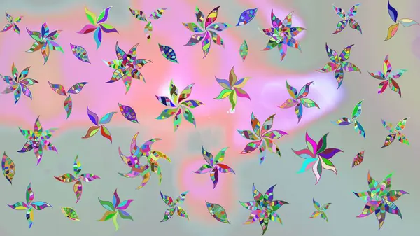 Çok renkli, zarif küçük çiçekler ve gri renkli komik böcekler, raster desen, illüstrasyon.