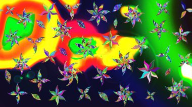 Raster çiçek desenli çiçek deseni, yapraklar, dekoratif elementler, sıçrama, lekeler, el çizimi kontur çizgileri ve Doodle çizim stili, grafik raster çizim çizimi.