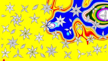 Renkli desenli eskiz deseni, sarı çiçekler ve dekoratif elementlerle. Kumaş, tekstil, duvar kağıdı baskısı için. Raster illüstrasyonu. Eski usul. Taslak arkaplan.