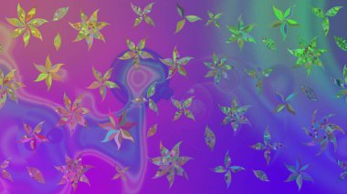 Raster illüstrasyonu. Çiçek ve yapraklı karalama şeklinde Raster çiçek deseni. Yumuşak, bahar çiçekleri menekşe renklerinde.