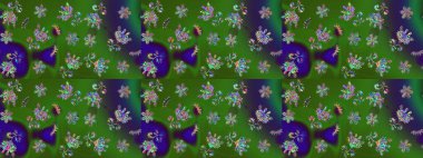 Raster Çiçek İllüstrasyonu 'nun şirin tekstili. Yeşil renkli etnik çiçeklerle kusursuz bir desen..