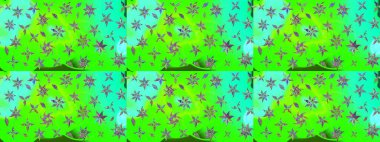 Yeşil renkli bitkilerden oluşan parlak çiçekli çizim deseni.