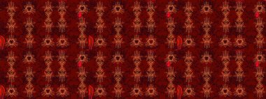 Kar tanelerinin soyut arkaplanlı Noel şablonu. Kırmızı, siyah ve kahverengi kar taneleri. Raster illüstrasyonu. Noel ve Yeni Yıl moda baskıları için tatil tasarımı.