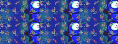 Düz yatıyordu. Mavi, mor ve yeşil renkte kar tanelerinden oluşan kış deseni. Raster illüstrasyonu. Kış konsepti.