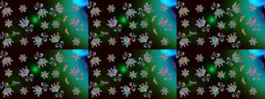 Kar tanelerinin soyut arkaplanlı Noel şablonu. Noel ve yeni yıl moda baskıları için tatil tasarımı. Siyah, mavi ve yeşil kar taneleri. Raster illüstrasyonu.