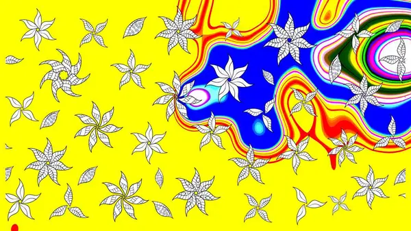 Renkli desenli eskiz deseni, sarı çiçekler ve dekoratif elementlerle. Kumaş, tekstil, duvar kağıdı baskısı için. Raster illüstrasyonu. Eski usul. Taslak arkaplan.