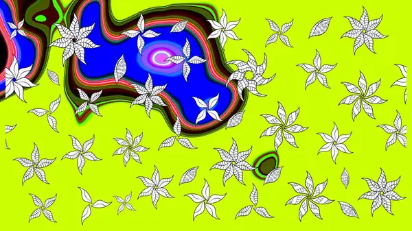 Raster illüstrasyonu. Yeşil renkli çiçekler. El çizimi çiçekli soyut çizim deseni.