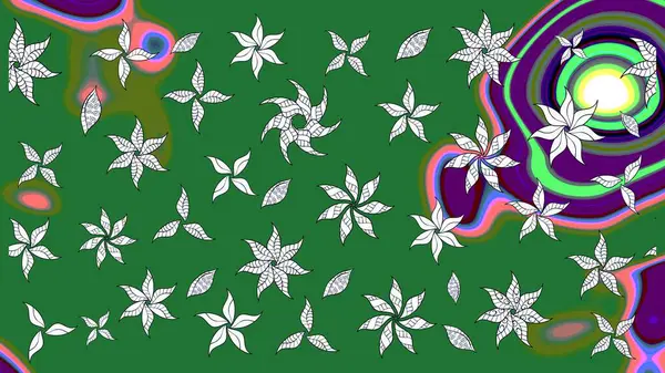 Tekstil, kumaş, ambalaj, hatıra defteri için hoş bir çiçek arkaplanı. Yeşil arka planda. Elle çizilmiş çiçek desenli Raster çizimi. Çocuksu tasarım.