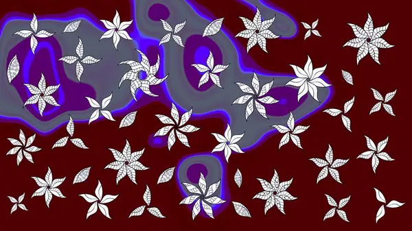 Çocuksu tasarım. Kırmızı arka planda. Tekstil, kumaş, ambalaj, hatıra defteri için hoş bir çiçek arkaplanı. Elle çizilmiş karalama çiçekleri ile Raster çizim deseni.