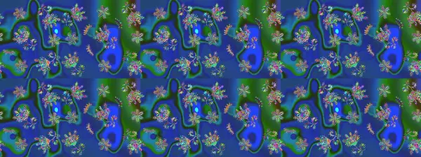 Çiçek ve yapraklı karalama şeklinde Raster çiçek deseni. Yumuşak, bahar çiçekleri mavi, yeşil ve mor renklerde. Raster illüstrasyonu.