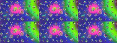 Eski usul. Raster illüstrasyonu. Kumaş, tekstil, duvar kağıdı baskısı için. Renkli desenli eskiz deseni, mavi çiçekler ve dekoratif elementlerle. Taslak arkaplan.