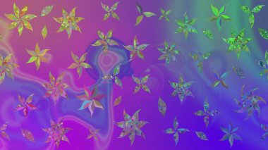 Raster illüstrasyonu. Çiçek ve yapraklı karalama şeklinde Raster çiçek deseni. Yumuşak, bahar çiçekleri menekşe renklerinde.