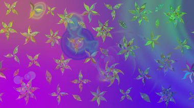 Çok renkli, zarif küçük çiçekler ve mor renkli komik böcekler, raster deseni, illüstrasyon..