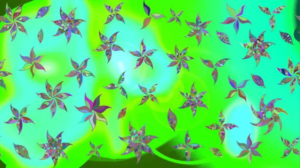 Yumuşak, yeşil renkli bahar çiçekleri. Yaprak ve çiçeklerin suluboya resimleri, yeşil renkte çizimler. Raster illüstrasyonu.