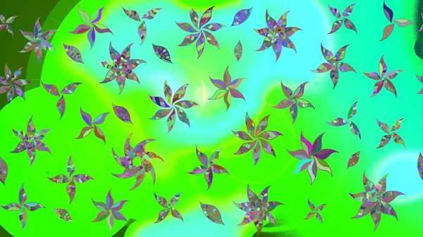 Patlayan çiçekler soyut olarak yerleştirilmiş. Yumuşak, yeşil renkli bahar çiçekleri. Raster deseni. Raster illüstrasyonu.