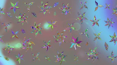 Çok renkli, zarif küçük çiçekler ve gri renkli komik böcekler, raster desen, illüstrasyon.