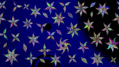 Tekstil, kumaş, ambalaj, hatıra defteri için hoş bir çiçek arkaplanı. Elle çizilmiş çiçek desenli Raster çizimi. Çocuksu tasarım. Mavi arkaplanda.