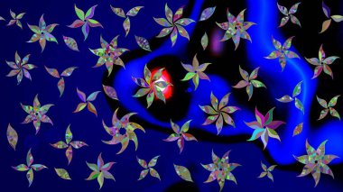 Çocuksu tasarım. Tekstil, kumaş, ambalaj, hatıra defteri için hoş bir çiçek arkaplanı. Elle çizilmiş çiçek desenli Raster çizimi. Mavi arkaplanda.