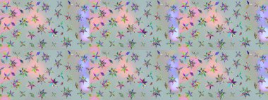 Suluboya elle çizilmiş çiçek desenli eskiz deseni. Parlak renkli fantezi çiçekleri, yapraklar, gri renkli tomurcuklar.