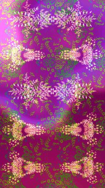 Mor, yeşil ve mor çiçekli bahar çiçekleri. Moda baskıları için zarif bir şablon. Motley illüstrasyonu. Küçük renkli çiçekler. Küçük çiçekte şirin desenler.