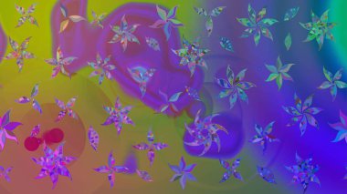 Raster illüstrasyonu. Şirin çiçekli eskiz deseni ve mor renkli yapraklar, suluboya çiçek deseni, duvar kağıdı, kart veya kumaş için fayanslı.