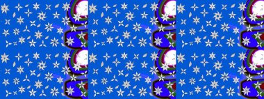 Çok mavi, zarif küçük çiçekler ve mavi renkli komik böcekler, raster desen, illüstrasyon.