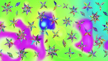 Raster illüstrasyonu. Şirin çiçekli eskiz deseni ve yeşil renkli yapraklar, suluboya çiçek deseni, duvar kağıdı, kart veya kumaş için fayanslı.