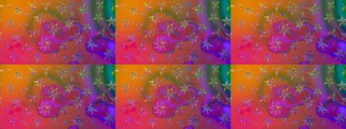 Şirin çiçekli eskiz deseni ve mor renkli yapraklar, suluboya çiçek deseni, duvar kağıdı, kart veya kumaş için fayanslı. Raster illüstrasyonu.