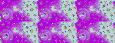 Çiçekli ipek eşarp. Violet menekşe üzerinde. El çizimi çiçek unsurları olan soyut çizim raster deseni. Retro tekstil tasarım koleksiyonu. 1950 'ler-1960' lar motifleri.