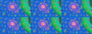 Raster illüstrasyonundaki çiçek desenli çizim. Mavi renkte çiçekler.