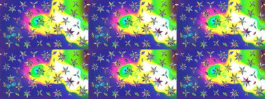 Renkli desenli eskiz deseni, mavi çiçekler ve dekoratif elementlerle. Eski usul. Kumaş, tekstil, duvar kağıdı baskısı için. Eskiz geçmişi. Raster illüstrasyonu.