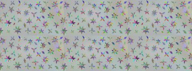 Çok renkli, zarif küçük çiçekler ve gri renkli komik böcekler, raster desen, illüstrasyon.