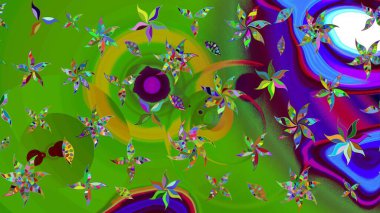 Küçük çiçekteki sevimli çiçek deseni. Varicologreen Raster çizimi. Birçok yeşil soyut çiçekli tropikal çizim deseni.