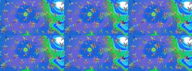 Yapraklı çiçekler ve mavi renkli papatya çiçekleri. Eskiz arkaplan modeli. Raster - stok.