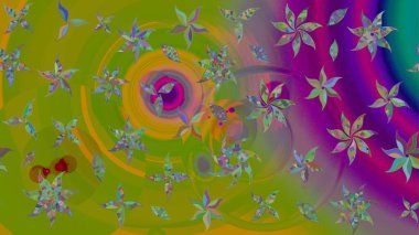 Patlayan çiçekler soyut olarak yerleştirilmiş. Raster illüstrasyonu. Raster deseni. Yumuşak, yeşil renkte bahar çiçekleri.