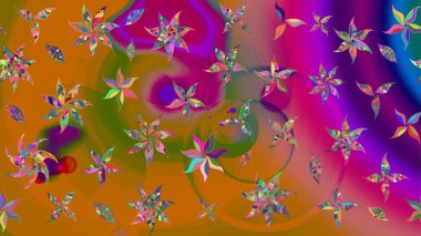 Raster illüstrasyonu. Patlayan çiçekler soyut olarak yerleştirilmiş. Turuncu renklerde bahar çiçekleri. Raster deseni.