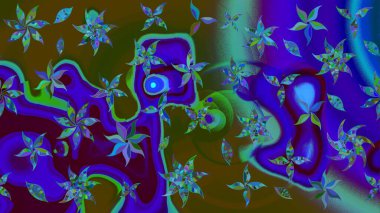 Raster illüstrasyonu. Mavi renkli çiçekler. El çizimi çiçekli soyut çizim deseni.