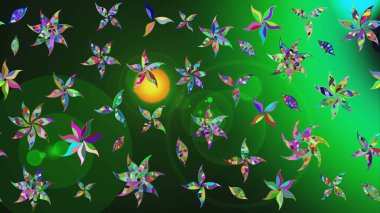 Moda baskıları için zarif bir şablon. Parlak renkli çiçekli ve yeşil yapraklı harika bir çiçek deseni. Modern çiçek arkaplanı. Halk stili.