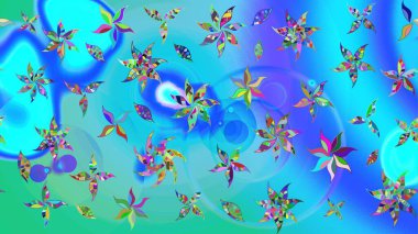 Çiçek desenli çizim. Asya tekstil tarzında. Düz Çiçek Elementleri Tasarımı. Raster illüstrasyonu. Renkli Bahar Teması eskiz kalıbı. Mavi renkte çiçekler.