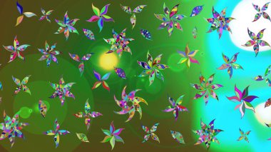 Raster Floral Illustration, Asyalı tekstil. Yeşil renkli etnik çiçeklerle zarif eskiz deseni.