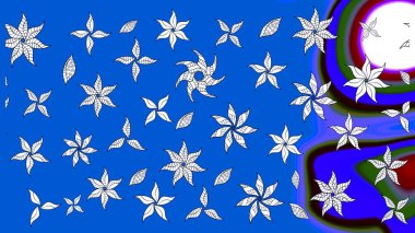 Raster Çiçek İllüstrasyonu 'nun şirin tekstili. Mavi renkli etnik çiçeklerle zarif eskiz deseni.