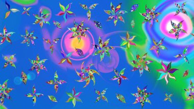 Mavi renklere karalamalar çizilmiş çiçek deseni. Raster illüstrasyonu.