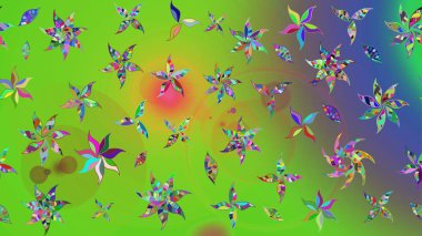 Parlak çiçekli yeşil renkler üzerine soyut çizim deseni. Çiçeksel elementlerle süslenmiş zarif raster dokusu. Küçük çiçekte şirin bir çiçek deseni var..