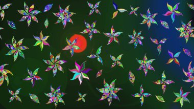 Çiçek desenli çizim. Raster illüstrasyonu. Asya tekstil tarzında. Mavi renkli çiçekler. Raster illüstrasyonu.