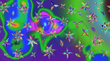 Raster illüstrasyonu. Şirin çiçekli eskiz deseni ve yeşil renkli yapraklar, suluboya çiçek deseni, duvar kağıdı, kart veya kumaş için fayanslı.